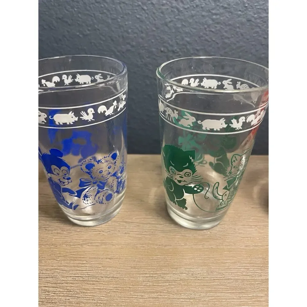 1956 Kraft Swanky Swigs Kiddie Kups Set 6 Hazel Atlas Animal Juice Glasses